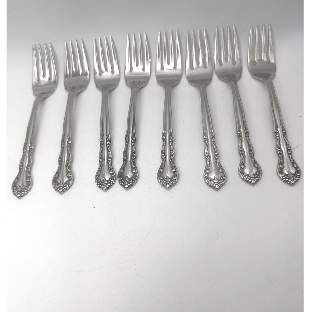 Pfaltzgraff Remembrance Stainless Steel Salad Forks Set of 8 Floral Glossy 6.5"